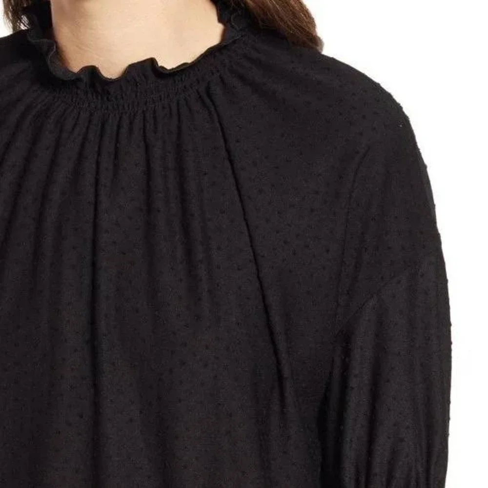 Madewell Clipdot Mock‎ Neck Ruffle Top Black Classic Blouse Short Sleeve Size XS